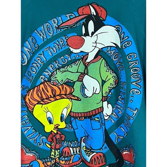 Vintage Looney Tunes Graphic Sweatshirt Green L Sylvester Tweety Bird Music 1995 - Picture 1 of 11